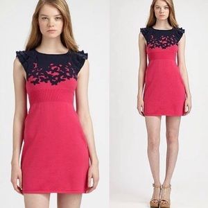 Lilly Pulitzer Kariana Pink Navy Blue Knit Butterfly Ruffle Sleeve Knit Dress